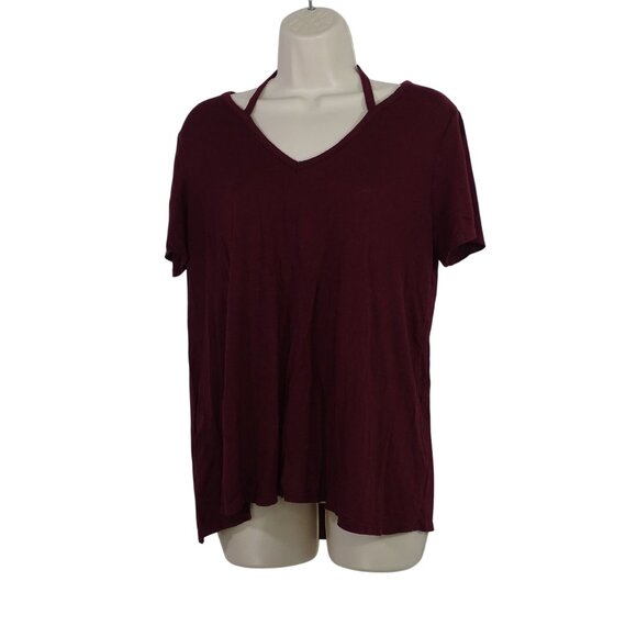 Lot of 2 Charlotte Russe V-Neck Jersey Knit Tops Women Size L Red Mauve Strappy - Picture 2 of 10